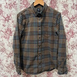 Vans Brown Blue Plaid Button Up Shirt Mens Medium Classic Fit